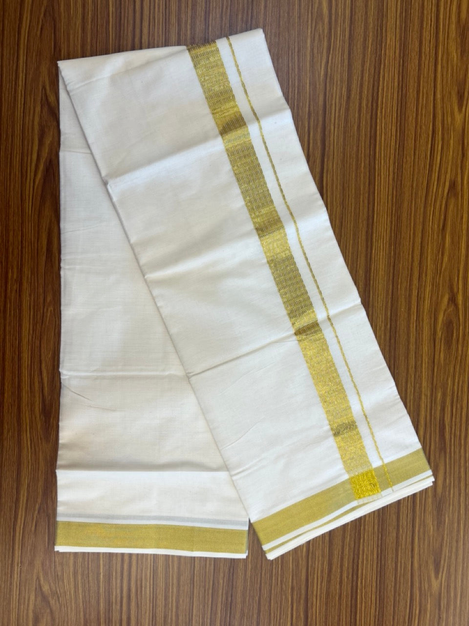 KaithariKada Balaramapuram Pure Cotton DOUBLE OFF WHITE - (Ubleached) Mundu/Dhoti - 60s - 1.5 inch Gold Kasav Jacquard Design Kara 4 mtr (8.5 muzham) - 12 KK5281 GAN