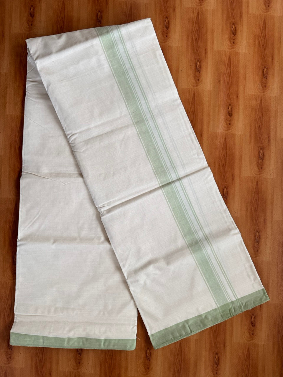 Double Off white -(2/ 120 x 120)- Kerala Handloom - Signature Kaitharikada - 100% Pure Cotton Unakkuppav Thread - Kerala Mundu / Dhoti - 1.25 inch Light Pista Green Kara - 9 KK5492 KAL