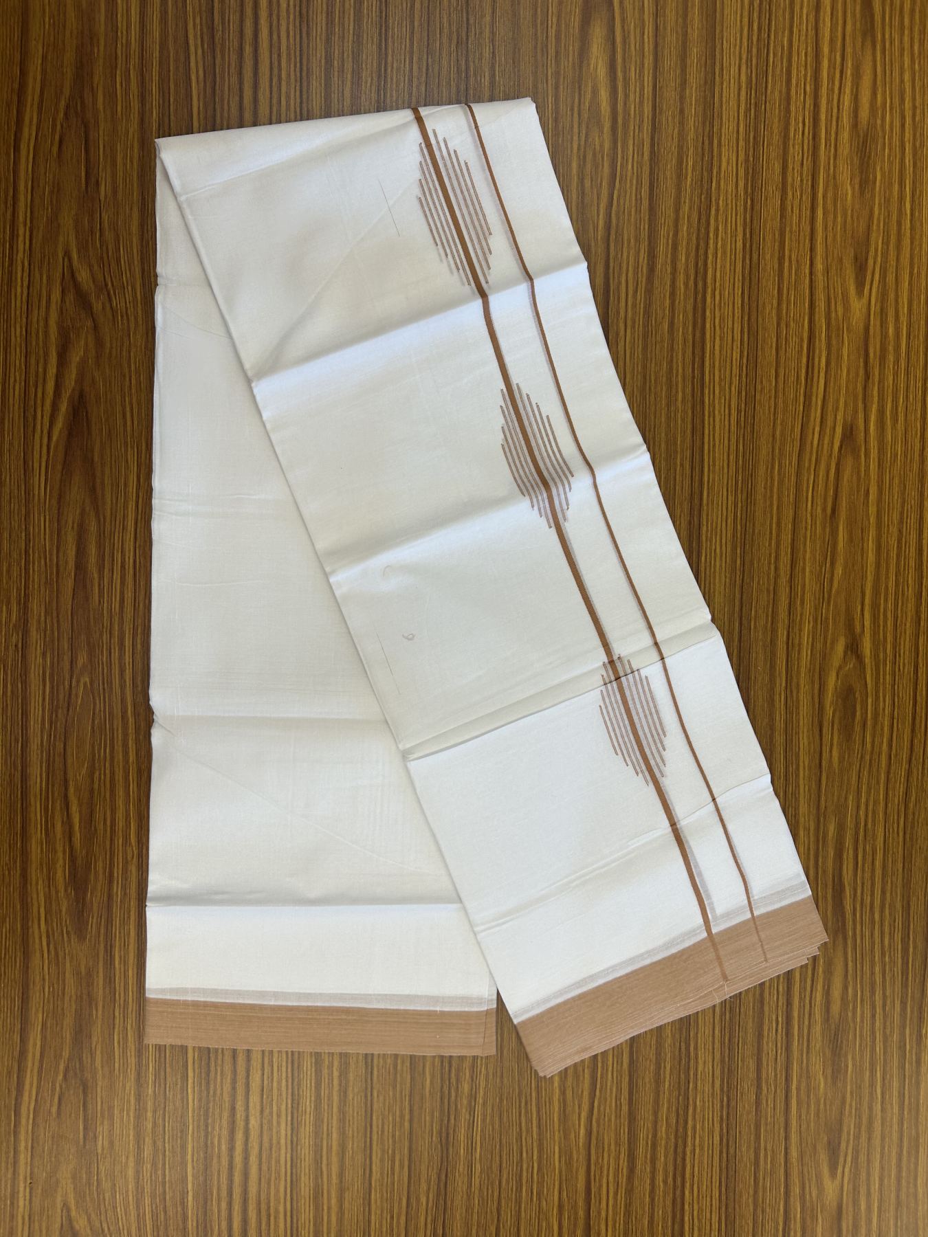 20% Discount ! Kaitharikada Balaramapuram 100% Cotton Pure White Double Mundu/Dothi - 100x80 - 1.5 inch Light Brownish Orange Stripes Design Kara 3.80 mtr (8 muzham) - 37 KK5319 THI