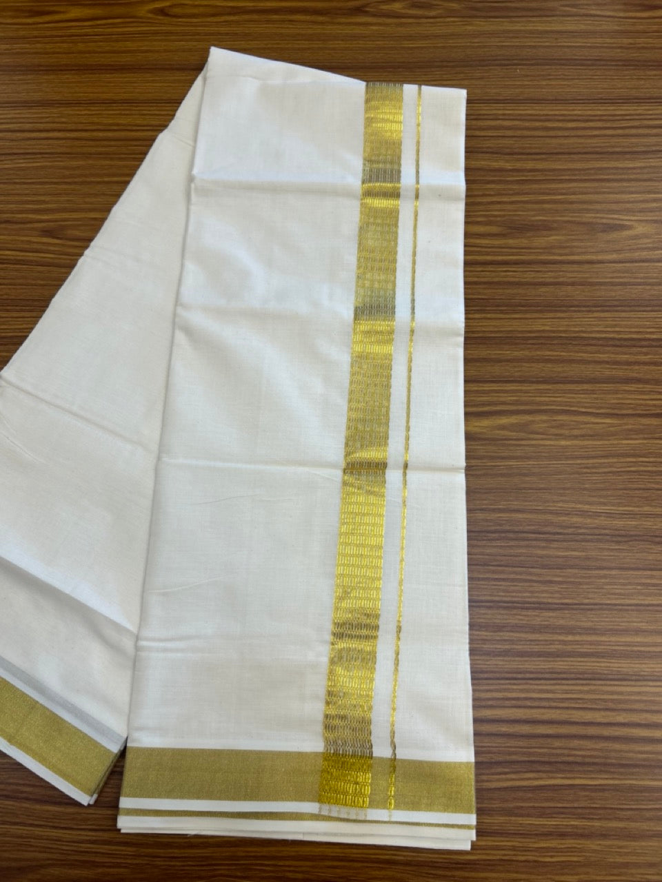 KaithariKada Balaramapuram Pure Cotton DOUBLE OFF WHITE - (Ubleached) Mundu/Dhoti - 60s - 1.5 inch Gold Kasav Jacquard Design Kara 4 mtr (8.5 muzham) - 12 KK5281 GAN