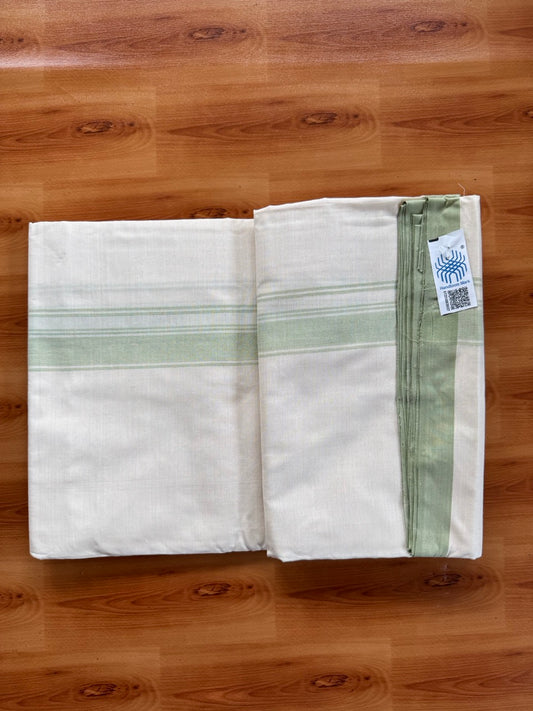 Double Off white -(2/ 120 x 120)- Kerala Handloom - Signature Kaitharikada - 100% Pure Cotton Unakkuppav Thread - Kerala Mundu / Dhoti - 1.25 inch Light Pista Green Kara - 9 KK5492 KAL