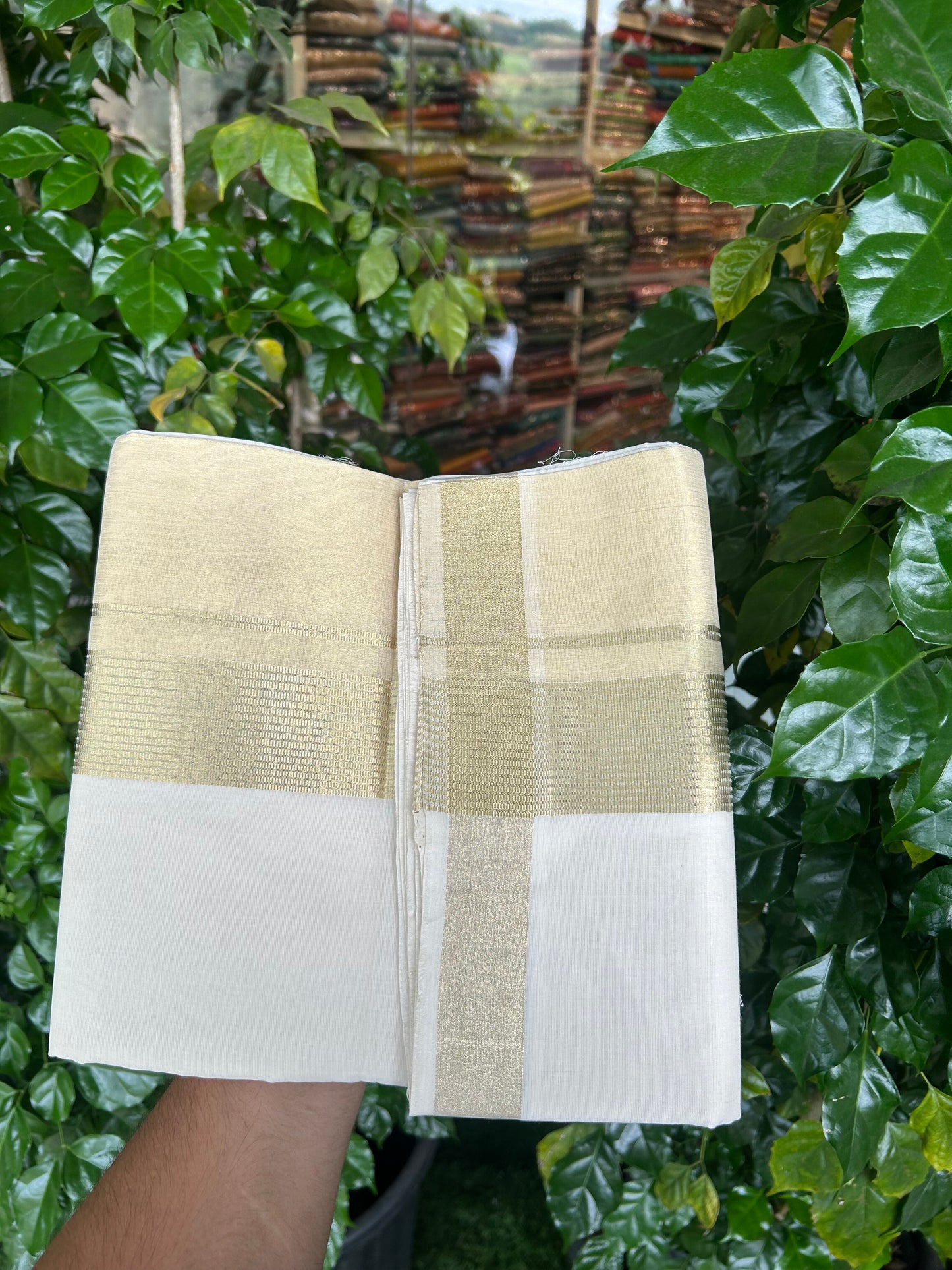 25% Discount ! KaithariKada Handloom Unakkupaav-Kerala Handloom - Pure Cotton Off White - (Unbleached) Double Mundu/Dhoti - (100X80) - 7 inch Light Gold Kasav Striped & Half Tissue Kara - 4 mtr (8.5 Muzham) - 32 KK5352 ABH