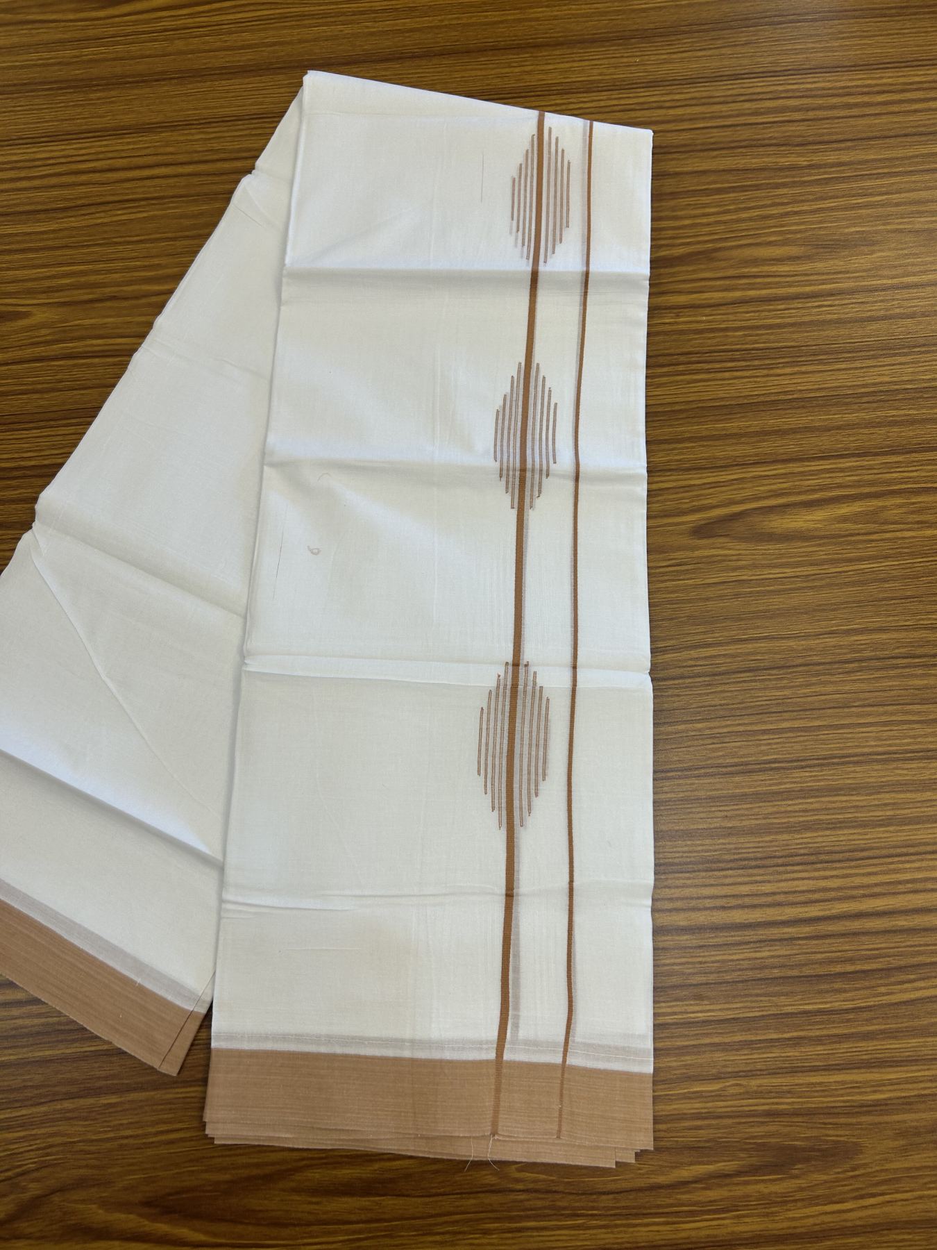 20% Discount ! Kaitharikada Balaramapuram 100% Cotton Pure White Double Mundu/Dothi - 100x80 - 1.5 inch Light Brownish Orange Stripes Design Kara 3.80 mtr (8 muzham) - 37 KK5319 THI
