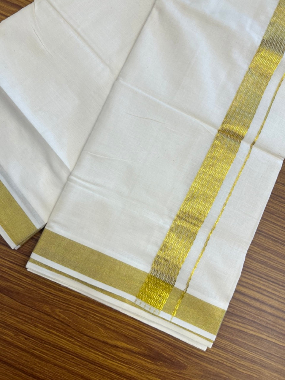 KaithariKada Balaramapuram Pure Cotton DOUBLE OFF WHITE - (Ubleached) Mundu/Dhoti - 60s - 1.5 inch Gold Kasav Jacquard Design Kara 4 mtr (8.5 muzham) - 12 KK5281 GAN