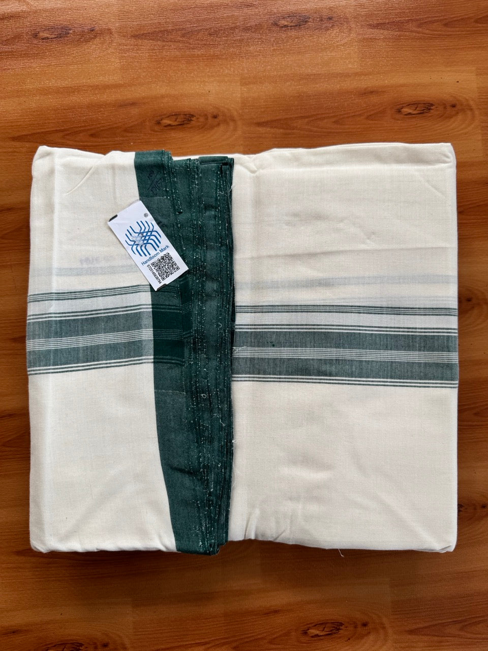 Double Off white -(2/ 120 x 120)- Kerala Handloom - Signature Kaitharikada - 100% Pure Cotton Unakkuppav Thread - Kerala Mundu / Dhoti - 1.5 inch Dark Green Kara - 10 KK5492 KAL