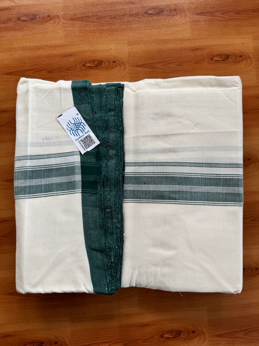 Double Off white -(2/ 120 x 120)- Kerala Handloom - Signature Kaitharikada - 100% Pure Cotton Unakkuppav Thread - Kerala Mundu / Dhoti - 1.5 inch Dark Green Kara - 10 KK5492 KAL