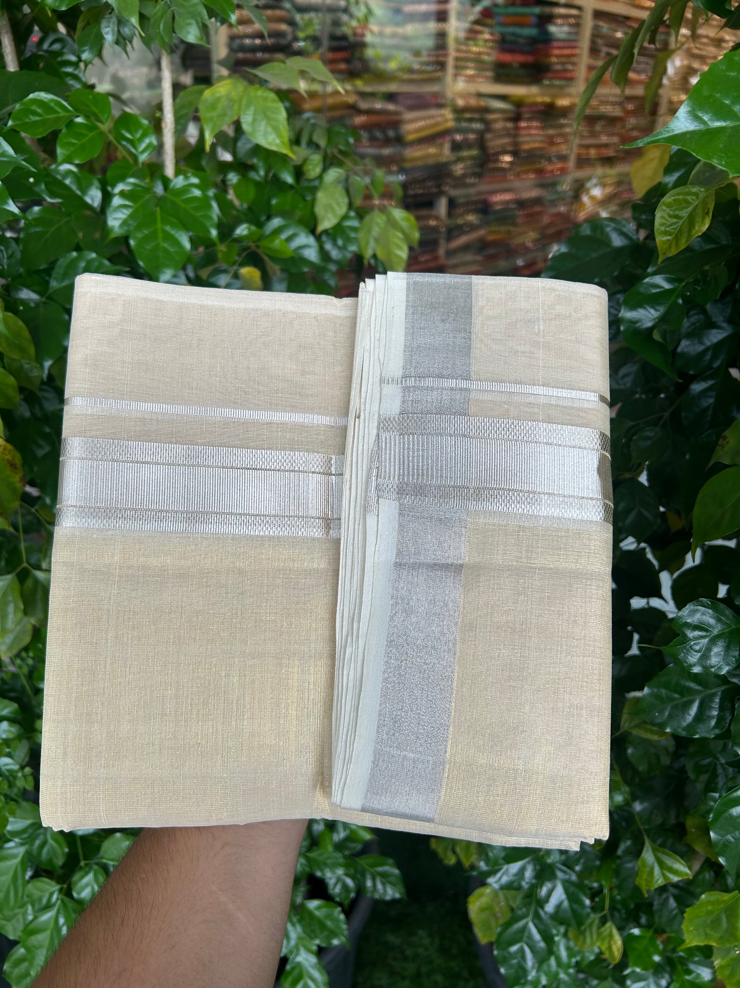 25% Discount ! KaithariKada Handloom Unakkupaav Kerala Handloom - Pure Cotton Off White - (Unbleached) Double Mundu/Dhoti - (100X80) - 1.75 inch Antique Silver Kasav Stipes Light Gold Kasavu Tissue Body 4 mtr (8.5 Muzham) - 34 KK5352 ABH