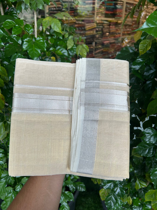 25% Discount ! KaithariKada Handloom Unakkupaav Kerala Handloom - Pure Cotton Off White - (Unbleached) Double Mundu/Dhoti - (100X80) - 1.75 inch Antique Silver Kasav Stipes Light Gold Kasavu Tissue Body 4 mtr (8.5 Muzham) - 34 KK5352 ABH