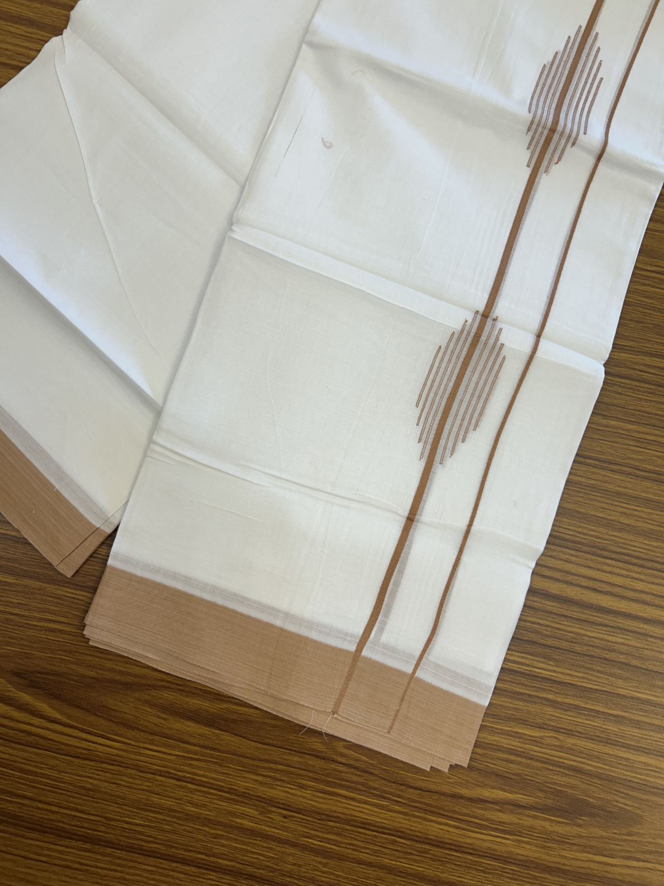 20% Discount ! Kaitharikada Balaramapuram 100% Cotton Pure White Double Mundu/Dothi - 100x80 - 1.5 inch Light Brownish Orange Stripes Design Kara 3.80 mtr (8 muzham) - 37 KK5319 THI