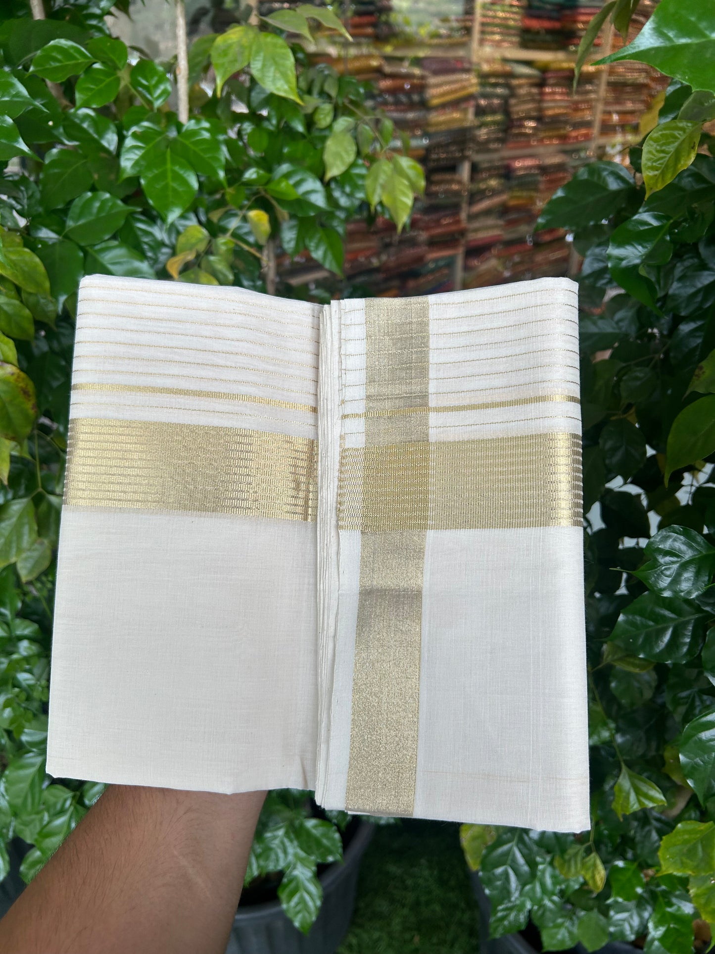 25% Discount ! KaithariKada Handloom Unakkupaav Kerala Handloom - 100% Pure Cotton Off White (Unbleached) Double Mundu/Dhoti - 100x80 - 7 Inch Light Gold kasav Side Stripes Kara 4 mtr (8.5 muzham) - 24 KK5352 ABH