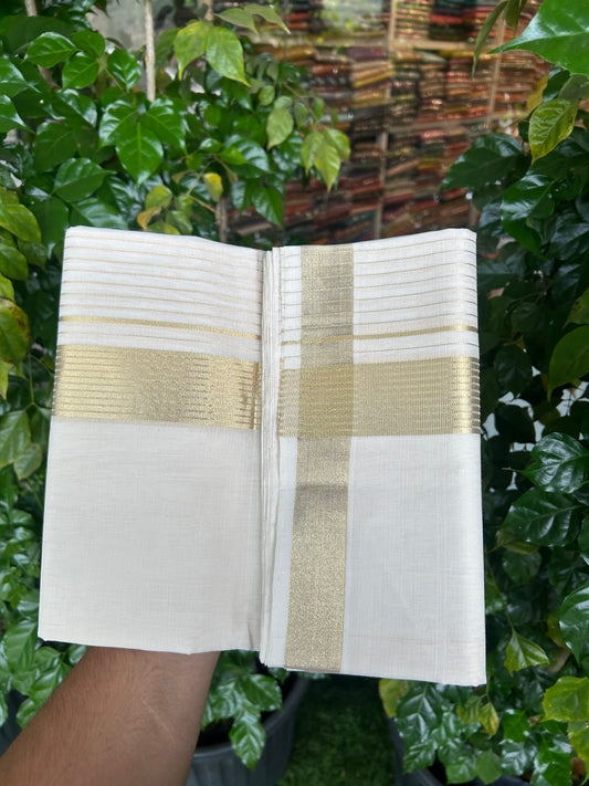 25% Discount ! KaithariKada Handloom Unakkupaav Kerala Handloom - 100% Pure Cotton Off White (Unbleached) Double Mundu/Dhoti - 100x80 - 7 Inch Light Gold kasav Side Stripes Kara 4 mtr (8.5 muzham) - 24 KK5352 ABH