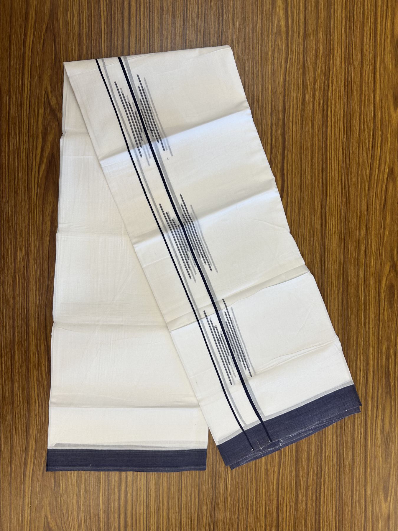 20% Discount ! Kaitharikada Balaramapuram 100% Cotton Pure White Double Mundu/Dothi - 100x80 - 1.5 inch Navy Blue Stripes Design Kara 3.80 mtr (8 muzham) - 14 KK5319 THI