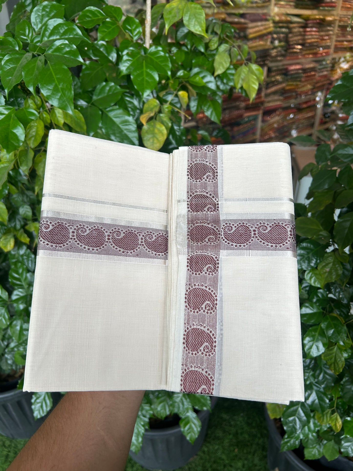 25% Discount ! KaithariKada Handloom Unakkupaav Kerala Handloom - 100% Pure Cotton Off White (Unbleached) Double Mundu/Dhoti - 100x80 - 1.75 Inch Silver kasav & Coffee Brown Jaquard Design Kara 4 mtr (8.5 muzham) - 23 KK5352 ABH