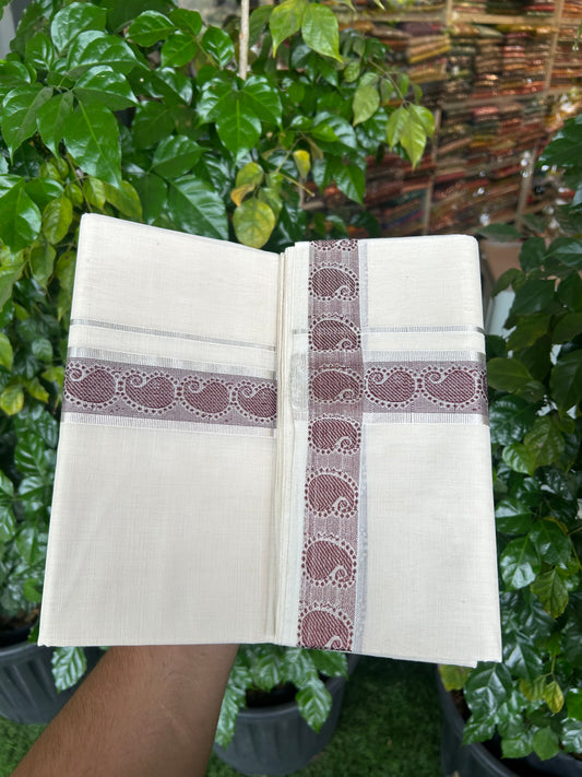 25% Discount ! KaithariKada Handloom Unakkupaav Kerala Handloom - 100% Pure Cotton Off White (Unbleached) Double Mundu/Dhoti - 100x80 - 1.75 Inch Silver kasav & Coffee Brown Jaquard Design Kara 4 mtr (8.5 muzham) - 23 KK5352 ABH