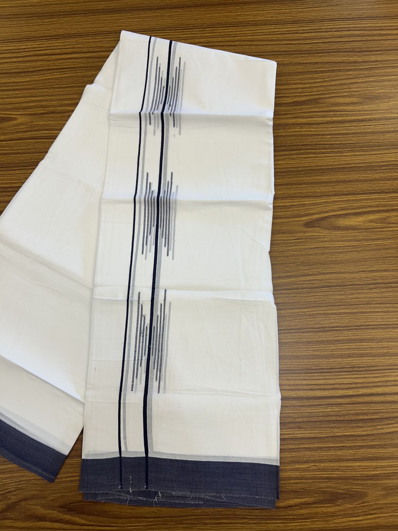 20% Discount ! Kaitharikada Balaramapuram 100% Cotton Pure White Double Mundu/Dothi - 100x80 - 1.5 inch Navy Blue Stripes Design Kara 3.80 mtr (8 muzham) - 14 KK5319 THI