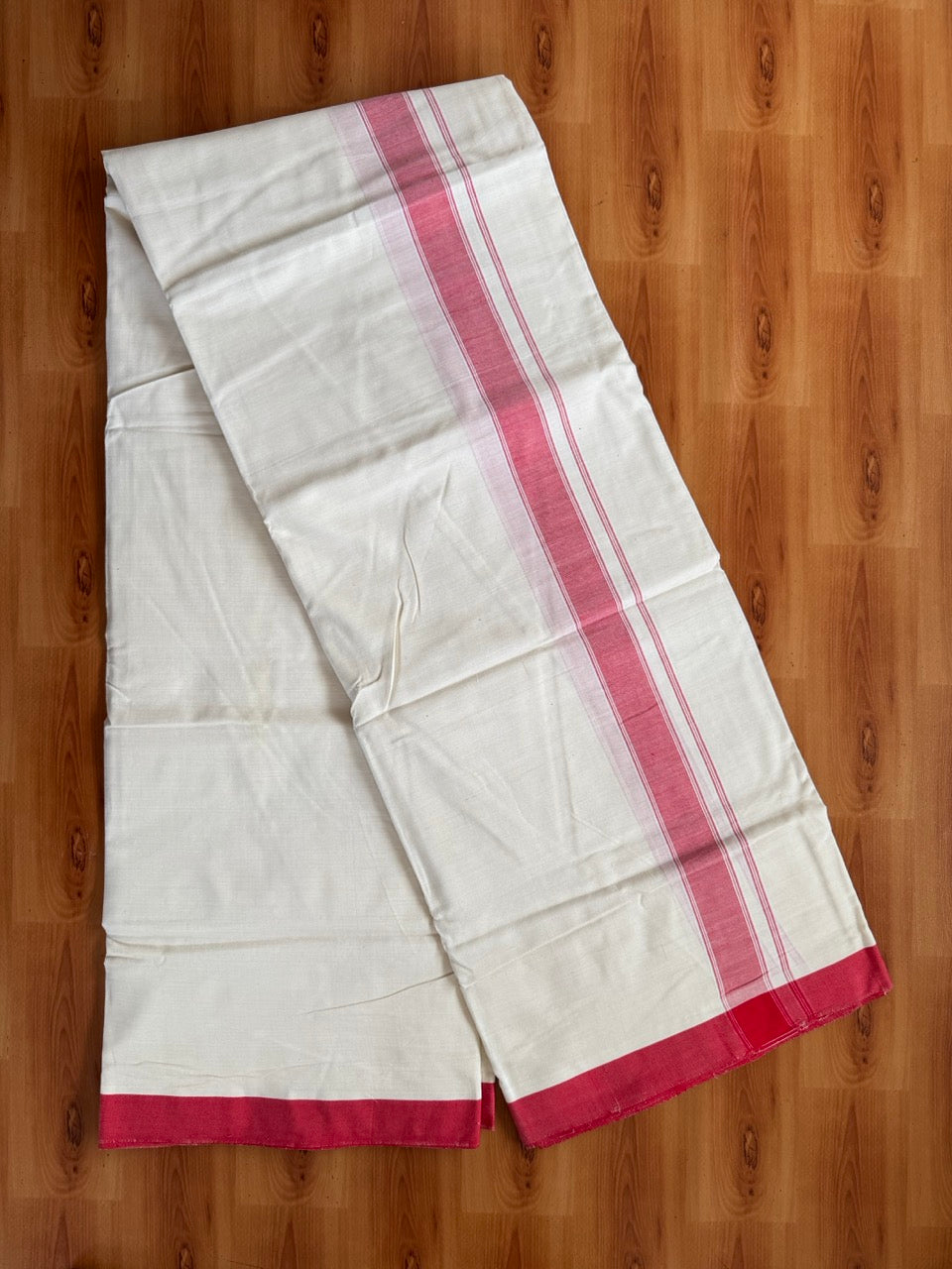 Double Off white -(2/ 120 x 120)- Kerala Handloom - Signature Kaitharikada - 100% Pure Cotton Unakkuppav Thread - Kerala Mundu / Dhoti - 1.25 inch Dark Green Kara - 11 KK5492 KAL