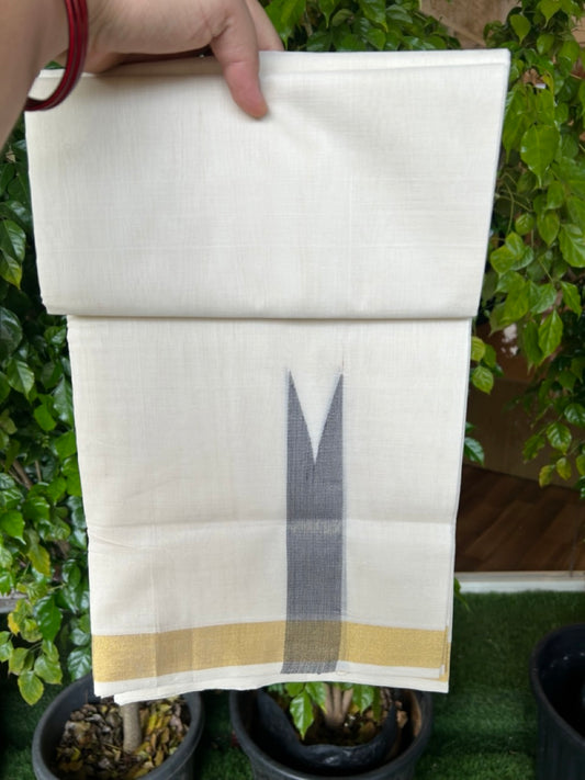 25% DISCOUNT ! KaithariKada HANDLOOM Unakkupaav Balaramapuram - 100% PURE Cotton Off White - (Unbleached) Double Mundu/Dhoti - 100x100 Kasavu 1.5 Inch Blue Chutty Kara- 14KK5208ABH