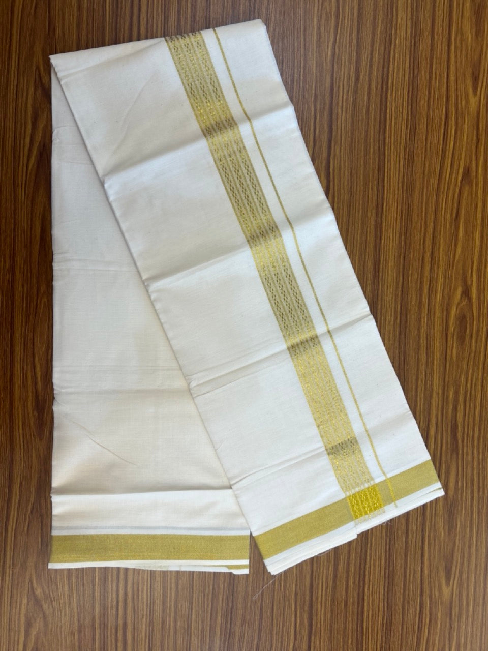 20% DISCOUNT!! KaithariKada Balaramapuram Pure Cotton DOUBLE OFF WHITE - (Ubleached) Mundu/Dhoti - 60s - 1.5 inch Gold Kasav Jacquard Design Kara 4 mtr (8.5 muzham) - 8 KK5281 GAN