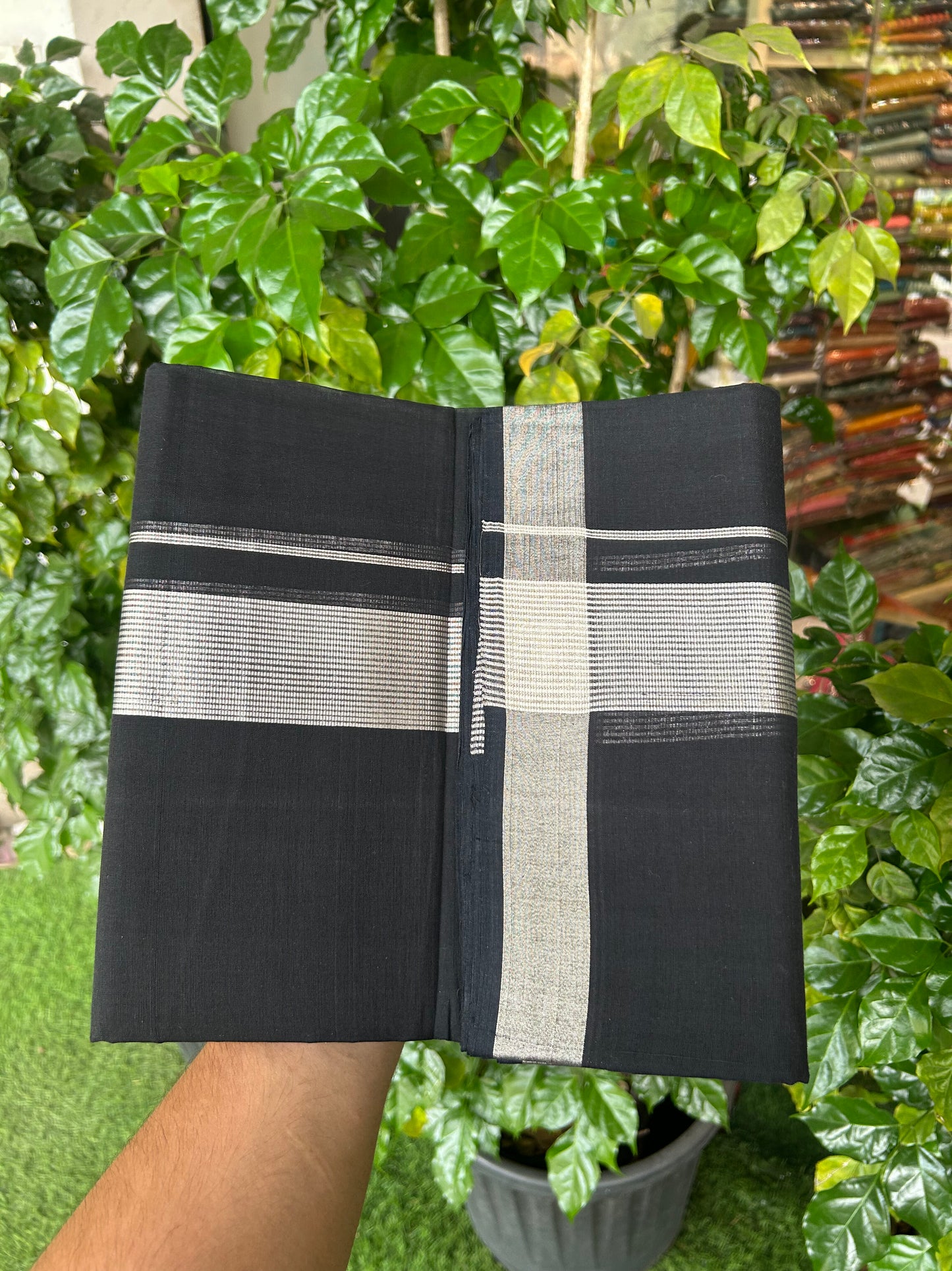 25% Discount! KaithariKada Handloom Unakkupaav - Kerala Handloom - Pure Cotton Double Mundu/Dhoti (Unbleached) - 100x80 - Black Colour Body - 1.75 inch Silver Kasav Stripes Kara - 36 KK5352 ABH