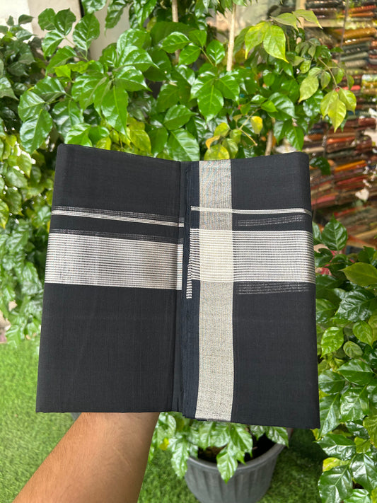 25% Discount! KaithariKada Handloom Unakkupaav - Kerala Handloom - Pure Cotton Double Mundu/Dhoti (Unbleached) - 100x80 - Black Colour Body - 1.75 inch Silver Kasav Stripes Kara - 36 KK5352 ABH