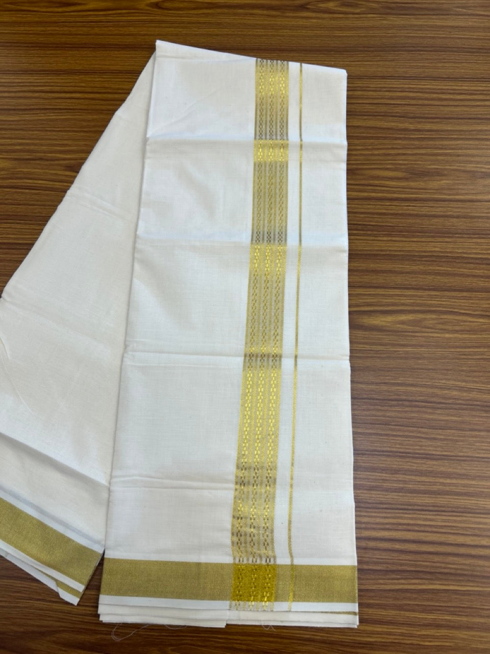 20% DISCOUNT!! KaithariKada Balaramapuram Pure Cotton DOUBLE OFF WHITE - (Ubleached) Mundu/Dhoti - 60s - 1.5 inch Gold Kasav Jacquard Design Kara 4 mtr (8.5 muzham) - 8 KK5281 GAN