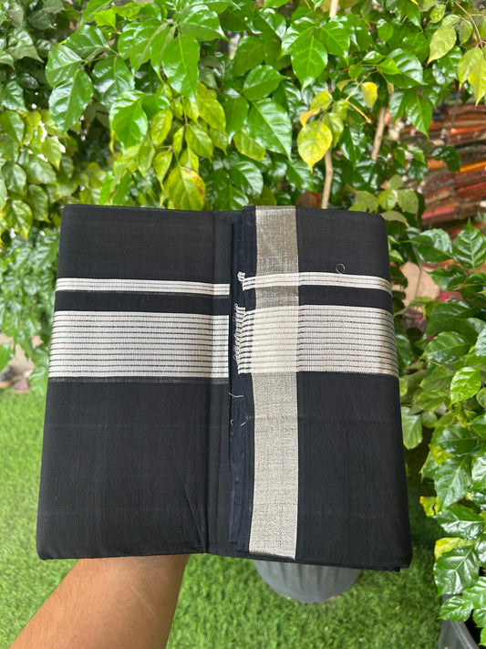 25% Discount! KaithariKada Handloom Unakkupaav - Kerala Handloom - Pure Cotton Double Mundu/Dhoti (Unbleached) - 100x80 - Black Colour Body - 1.75 inch Silver Kasav Stripes Kara - 39 KK5352 ABH