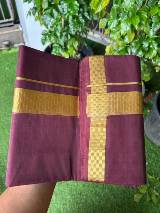 25% Discount! KaithariKada Handloom UNAKKUPAAV Balaramapuram - 100% Cotton Double Mundu/Dhoti - Wine Purple Colour Body - 1.75 inch Gold Kasavu Jacquard Design Kara - 19KK5208ABH