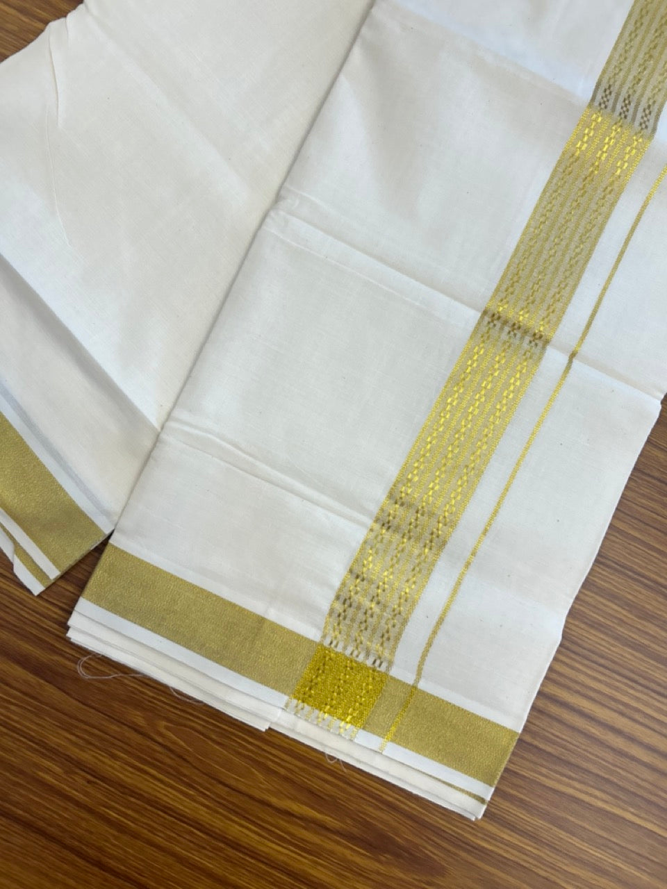 20% DISCOUNT!! KaithariKada Balaramapuram Pure Cotton DOUBLE OFF WHITE - (Ubleached) Mundu/Dhoti - 60s - 1.5 inch Gold Kasav Jacquard Design Kara 4 mtr (8.5 muzham) - 8 KK5281 GAN