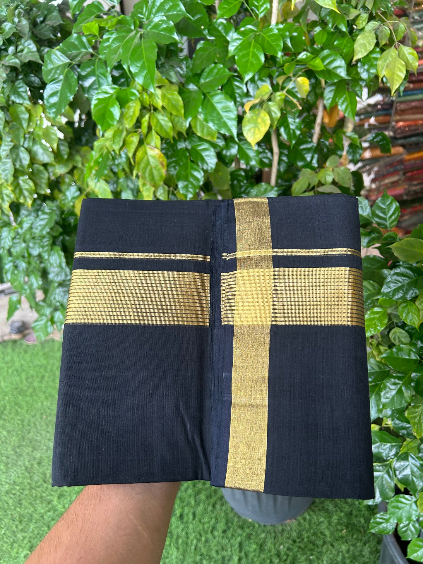 25% Discount! KaithariKada Handloom Unakkupaav - Kerala Handloom - Pure Cotton Double Mundu/Dhoti (Unbleached) - 100x80 - Black Colour Body - 1.75 inch Gold Kasav Stripes Kara - 38 KK5352 ABH