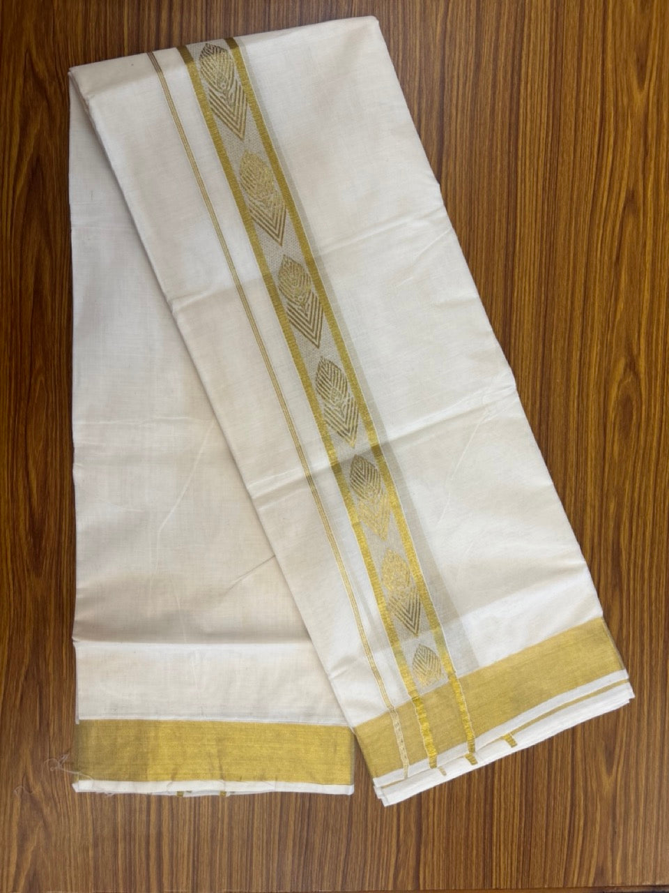 KaithariKada Balaramapuram Pure Cotton DOUBLE OFF WHITE - (Ubleached) Mundu/Dhoti - 60s - 1.75 inch Gold Kasav Jacquard Big Design Kara 4 mtr (8.5 muzham) - 13 KK5281 GAN