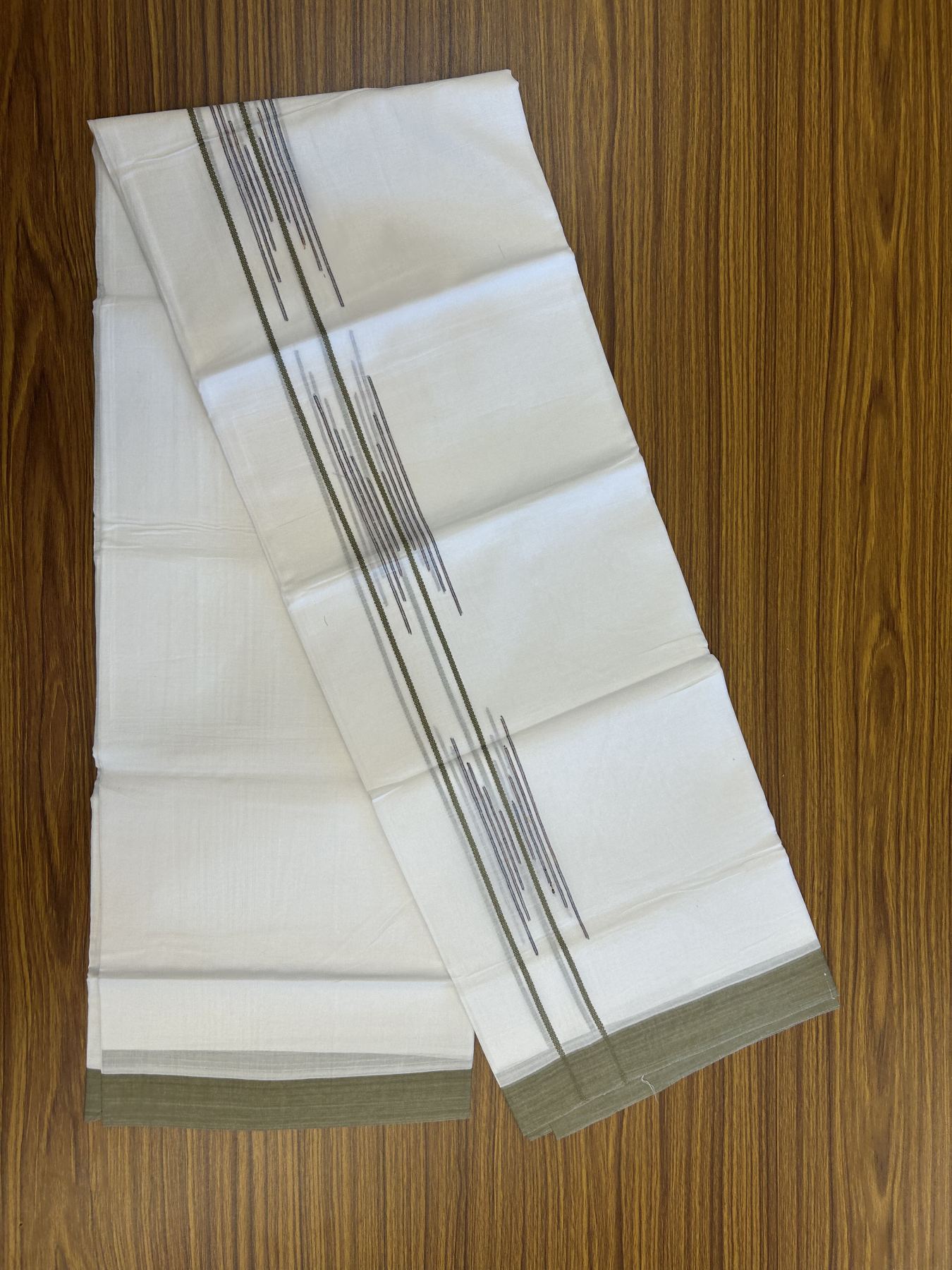 20% Discount ! Kaitharikada Balaramapuram 100% Cotton Pure White Double Mundu/Dothi - 100x80 - 1.5 inch Light Olive Green & Multi colour Stripes Design Kara 3.80 mtr (8 muzham) - 12 KK5319 THI