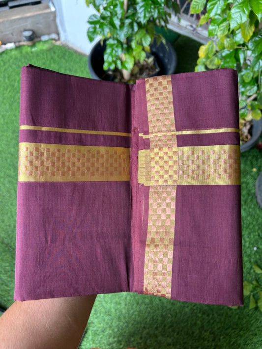 25% Discount! KaithariKada Handloom UNAKKUPAAV Balaramapuram - 100% Cotton Double Mundu/Dhoti - Wine Purple Colour Body - 1.75 inch Gold Kasavu & Copper Kasavu Jacquard Design Kara - 18KK5208ABH