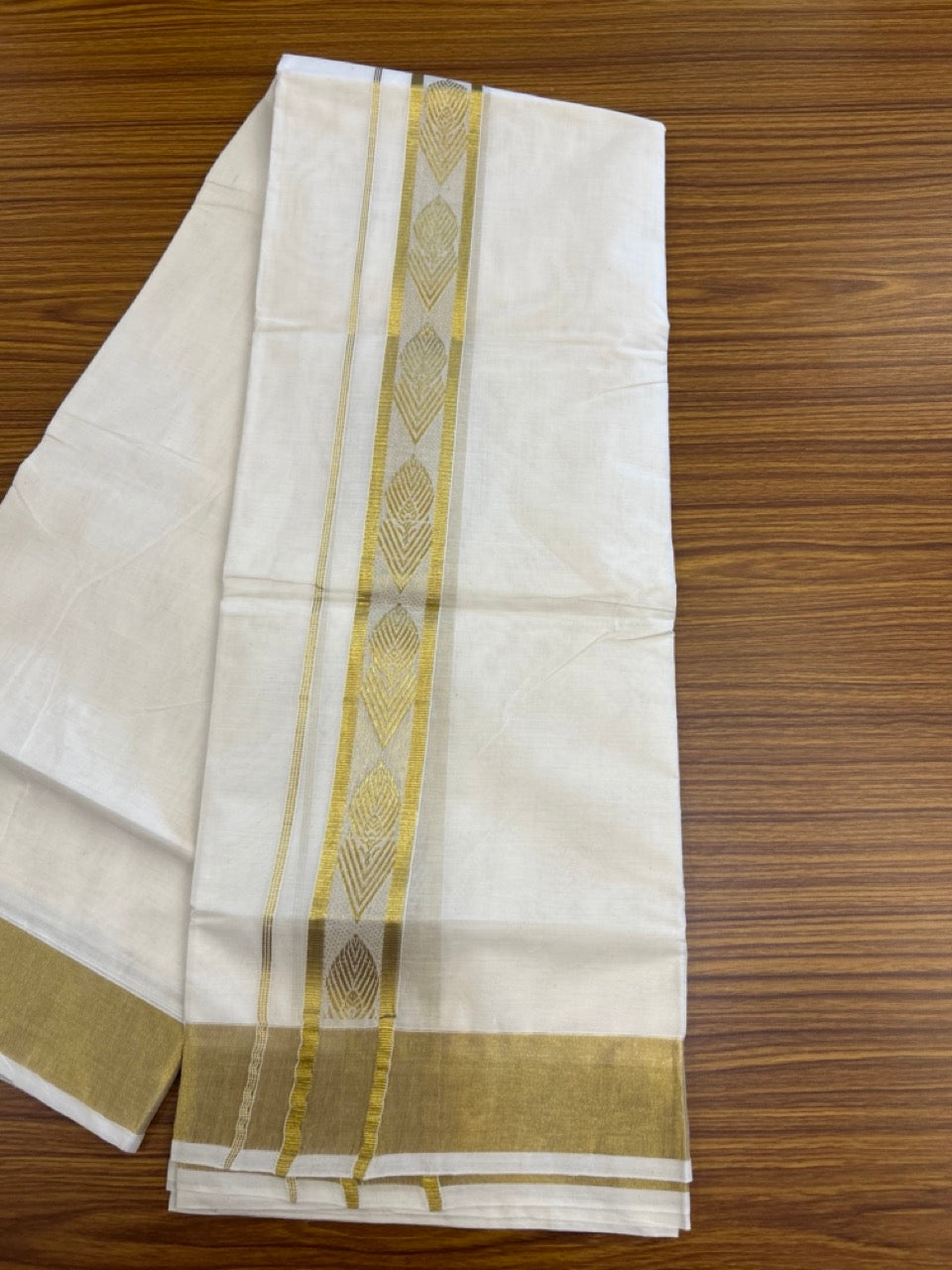 KaithariKada Balaramapuram Pure Cotton DOUBLE OFF WHITE - (Ubleached) Mundu/Dhoti - 60s - 1.75 inch Gold Kasav Jacquard Big Design Kara 4 mtr (8.5 muzham) - 13 KK5281 GAN