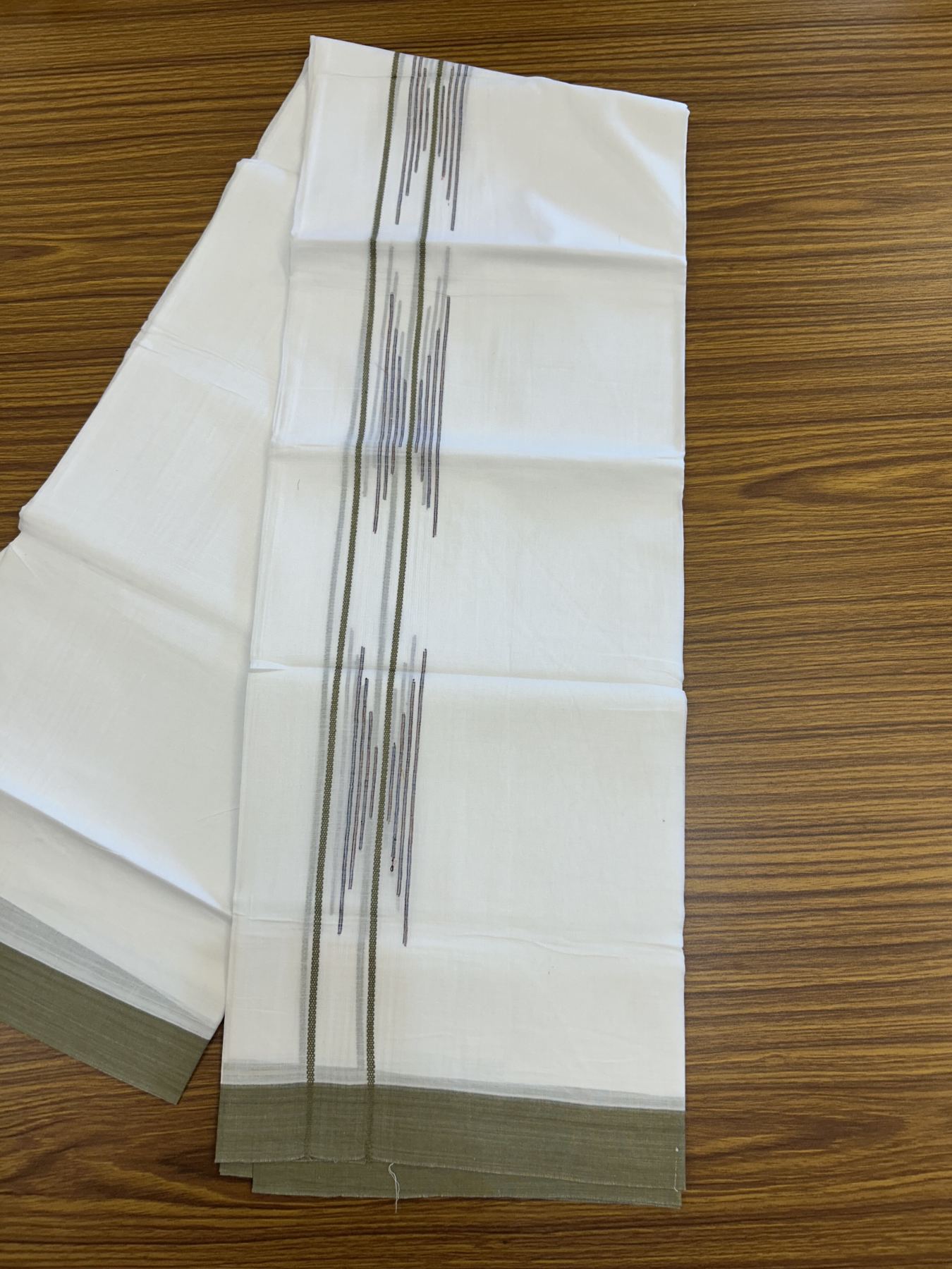 20% Discount ! Kaitharikada Balaramapuram 100% Cotton Pure White Double Mundu/Dothi - 100x80 - 1.5 inch Light Olive Green & Multi colour Stripes Design Kara 3.80 mtr (8 muzham) - 12 KK5319 THI