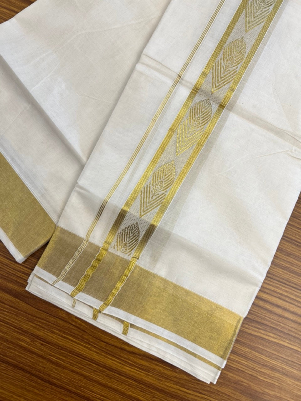 KaithariKada Balaramapuram Pure Cotton DOUBLE OFF WHITE - (Ubleached) Mundu/Dhoti - 60s - 1.75 inch Gold Kasav Jacquard Big Design Kara 4 mtr (8.5 muzham) - 13 KK5281 GAN