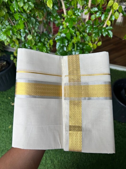 25% DISCOUNT ! KaithariKada HANDLOOM UNAKKUPAAV Balaramapuram - 100% PURE Cotton Off White - (Unbleached) Double Mundu/Dhoti - 2 inch Gold Kasavu & Silver Kasavu Jacquard Design Kara - 2KK5208ABH