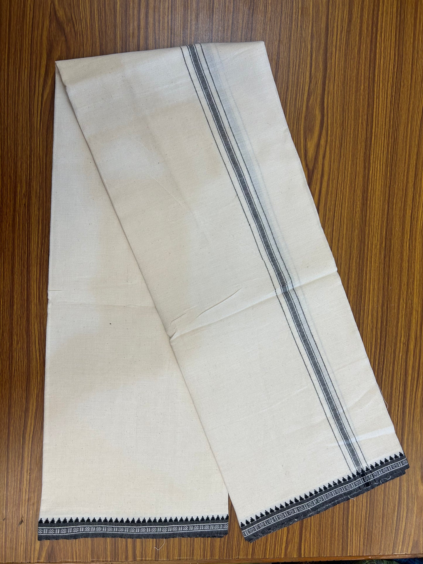 Premium Kathar Type Pure Cotton Single Mundu Kaitharikada Special - Kaily / Lungi - 2/40s Twisted Warp x 20s Weft - 1 inch Black Striped kara Off White Body Kuppadam Border (2 meter / 4 muzham) - 1 KK8049 MR