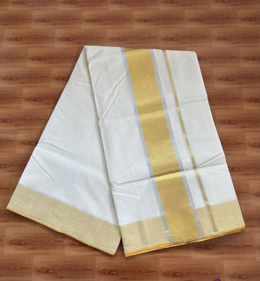 Kerala Saree for Women - 25% Discount KaithariKada Handloom Millpaav Balaramapuram - 100% Pure Cotton - 4 inch Gold & Silver Kasav striped Kara - 15 KK7158 RAV