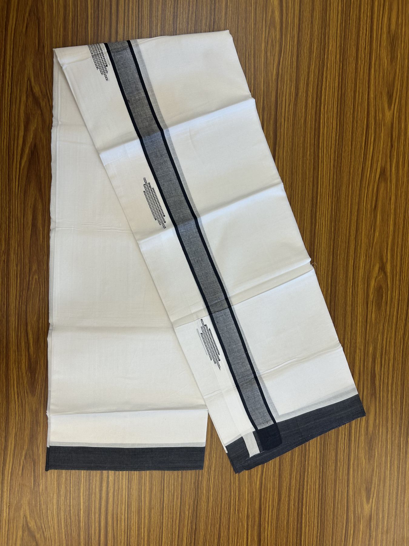 20% Discount ! Kaitharikada Balaramapuram 100% Cotton Pure White Double Mundu/Dothi - 100x80 - 1.5 inch Black Stripes Design Kara 3.80 mtr (8 muzham) - 45 KK5319 THI