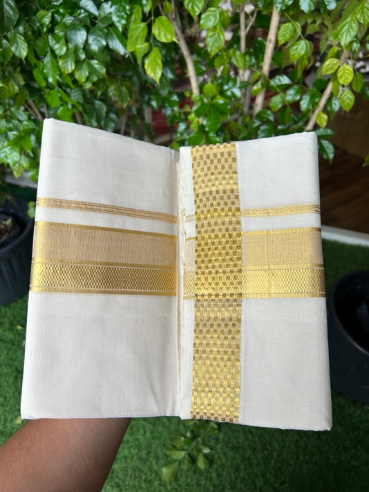 25% DISCOUNT ! KaithariKada HANDLOOM UNAKKUPAAV Balaramapuram - 100% PURE Cotton Off White - (Unbleached) Double Mundu/Dhoti - 2.25 inch Gold Kasavu Striped Jacquard Design Kara - 4KK5208ABH