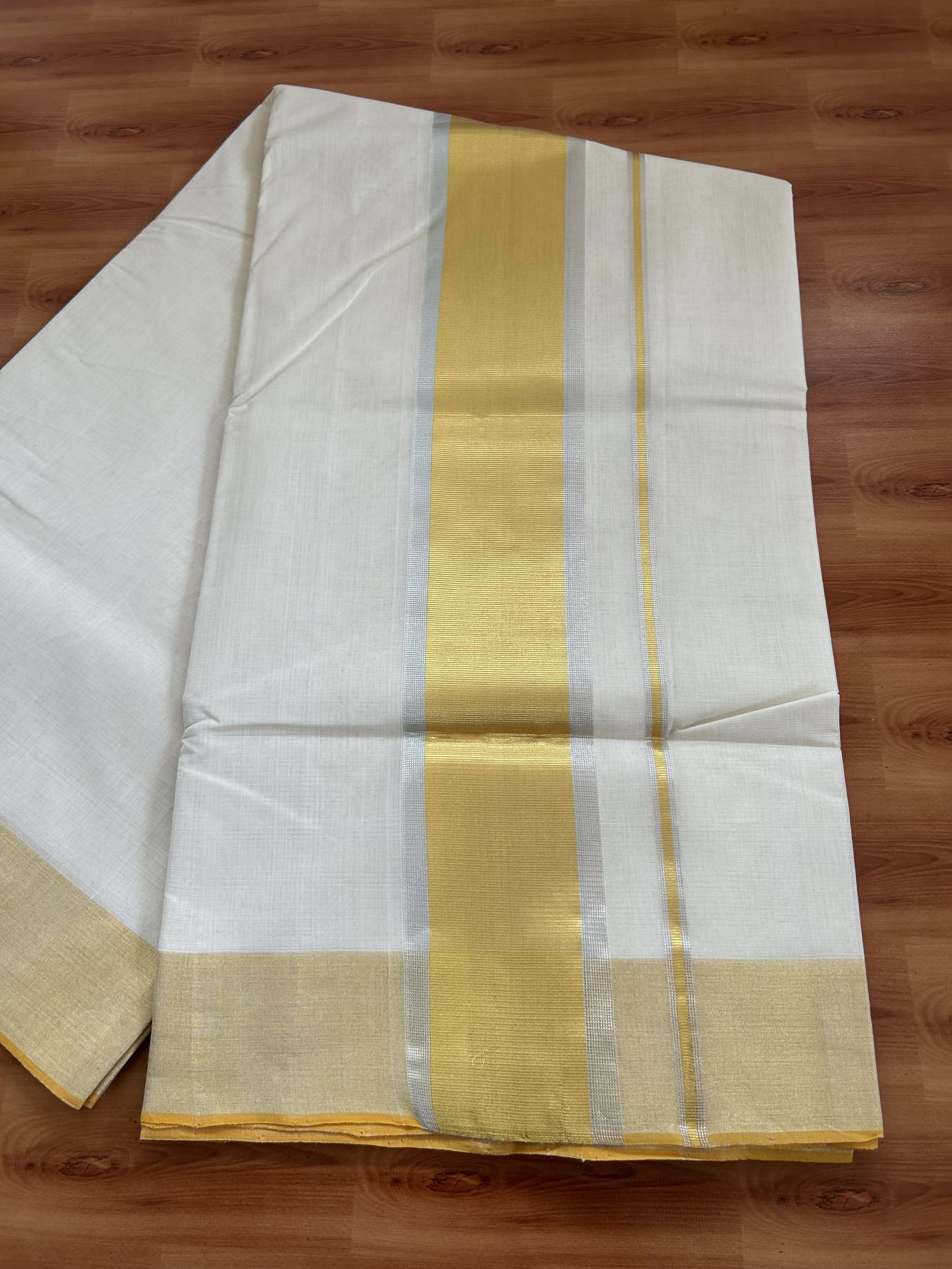 Kerala Saree for Women - 25% Discount KaithariKada Handloom Millpaav Balaramapuram - 100% Pure Cotton - 4 inch Gold & Silver Kasav striped Kara - 15 KK7158 RAV