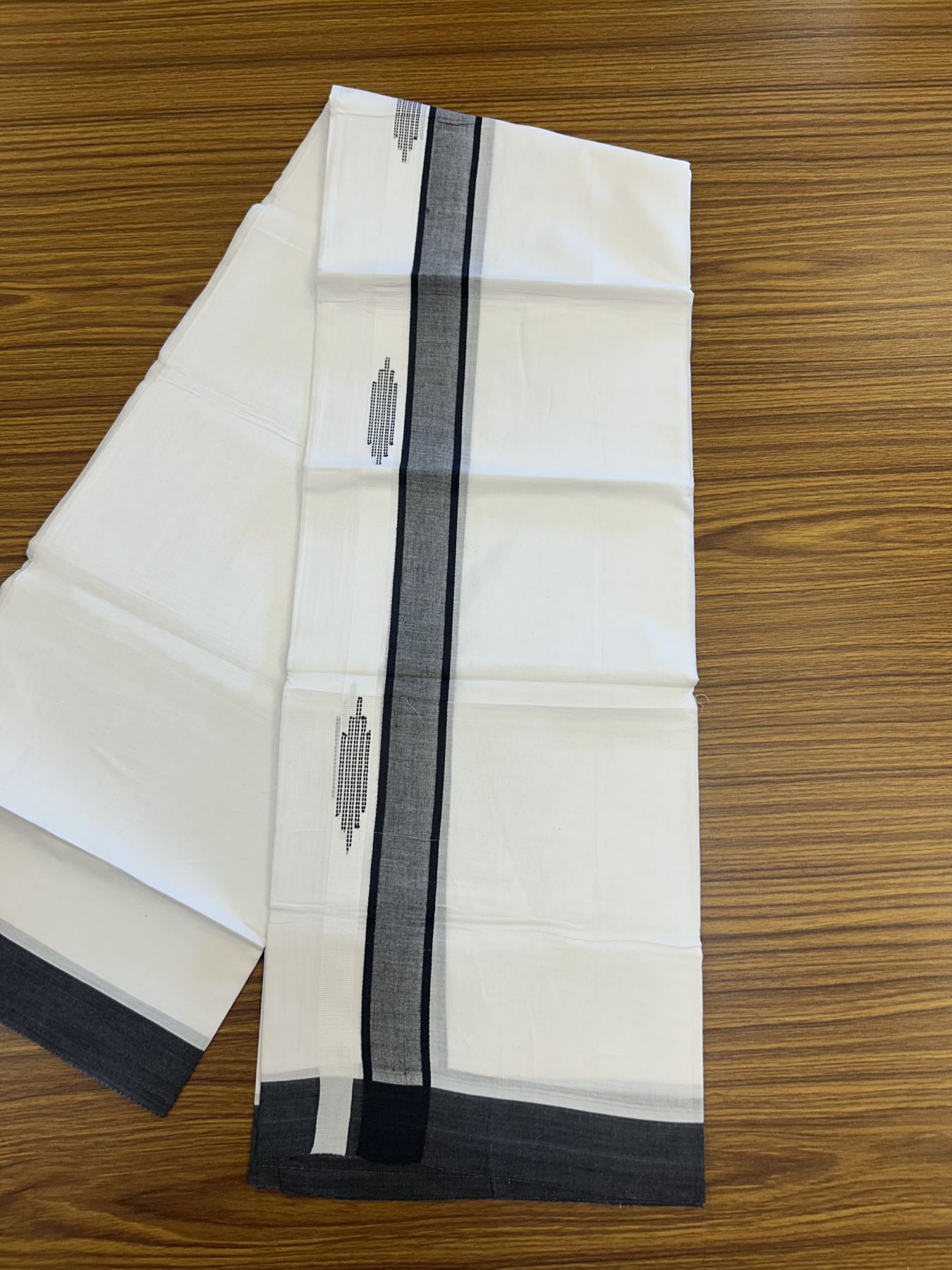 20% Discount ! Kaitharikada Balaramapuram 100% Cotton Pure White Double Mundu/Dothi - 100x80 - 1.5 inch Black Stripes Design Kara 3.80 mtr (8 muzham) - 45 KK5319 THI