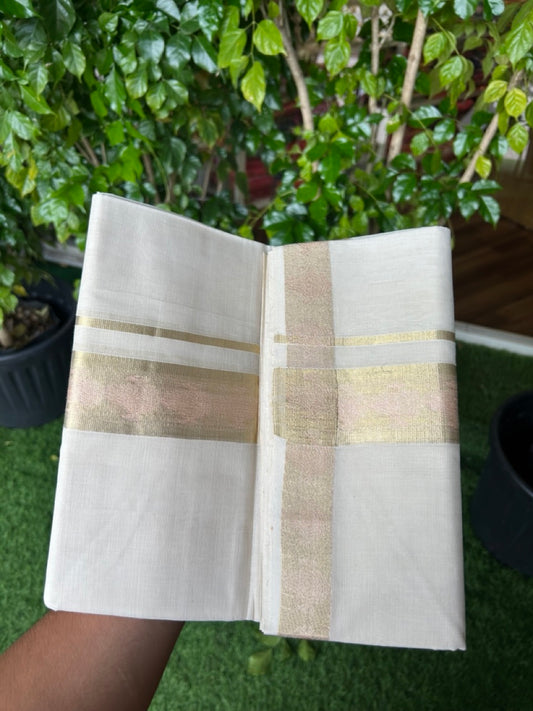 25% DISCOUNT ! KaithariKada HANDLOOM UNAKKUPAAV Balaramapuram - 100% PURE Cotton Off White - (Unbleached) Double Mundu/Dhoti - 1.75 inch Gold Kasavu Shankh Design Kara - 5KK5208ABH