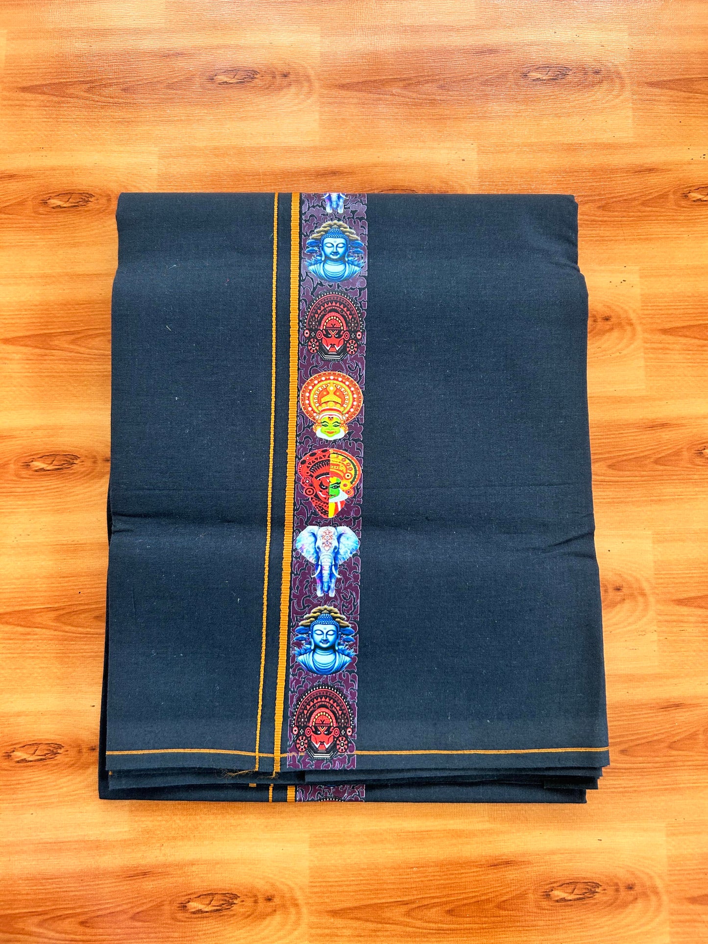 Single Kaily / Lungi- 20% Discount !! Kaitharikada - Pure Cotton - (40s) - 0.5 inch Brown Kara Multi Printed Design Kara with Black colour Body (2 meter / 4 muzham) - 33 KK8062 GAN