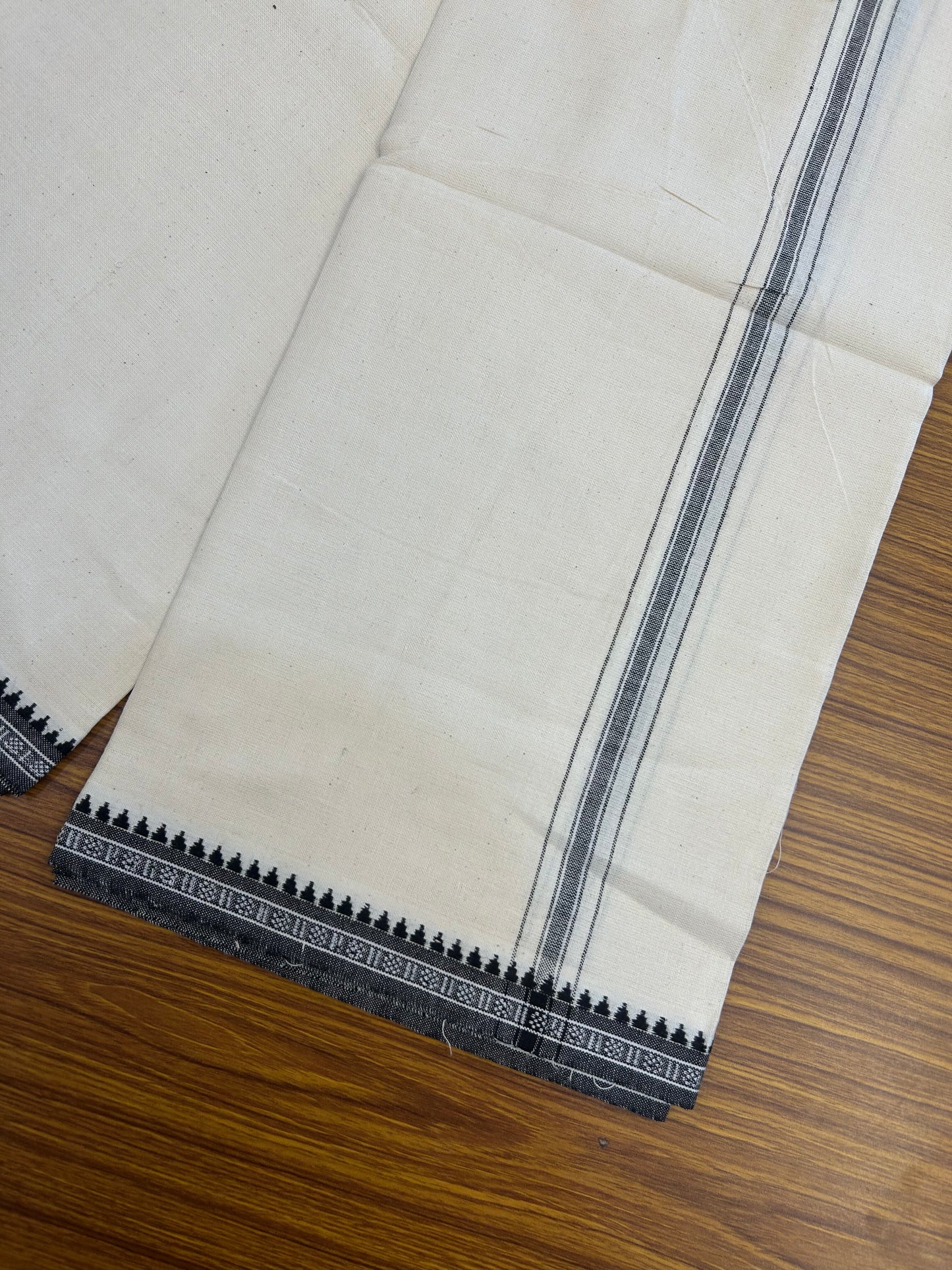 Premium Kathar Type Pure Cotton Single Mundu Kaitharikada Special - Kaily / Lungi - 2/40s Twisted Warp x 20s Weft - 1 inch Black Striped kara Off White Body Kuppadam Border (2 meter / 4 muzham) - 1 KK8049 MR