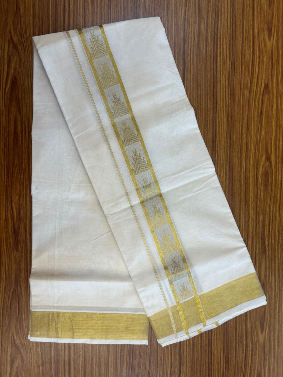 KaithariKada Balaramapuram Pure Cotton DOUBLE OFF WHITE - (Ubleached) Mundu/Dhoti - 60s - 1.75 inch Gold Kasav Jacquard Temple Big Design Kara 4 mtr (8.5 muzham) - 14 KK5281 GAN