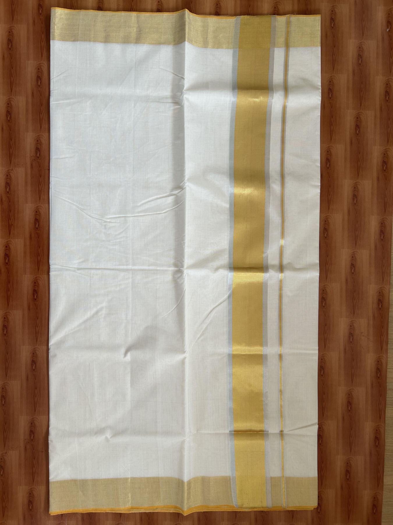 Kerala Saree for Women - 25% Discount KaithariKada Handloom Millpaav Balaramapuram - 100% Pure Cotton - 4 inch Gold & Silver Kasav striped Kara - 15 KK7158 RAV