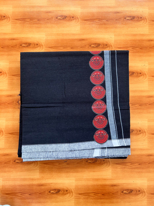 Single Kaily / Lungi- 20% Discount !! Kaitharikada - Pure Cotton - (40s) - 0.5 inch White Kara Theyyam Printed Design Kara with Black colour Body (2 meter / 4 muzham) - 32 KK8062 GAN