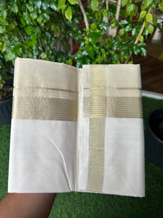 25% DISCOUNT ! KaithariKada HANDLOOM UNAKKUPAAV Balaramapuram - 100% PURE Cotton Off White - (Unbleached) Double Mundu/Dhoti - 6 inch Gold Kasavu Striped & Half Tissue Kara - 13KK5208ABH