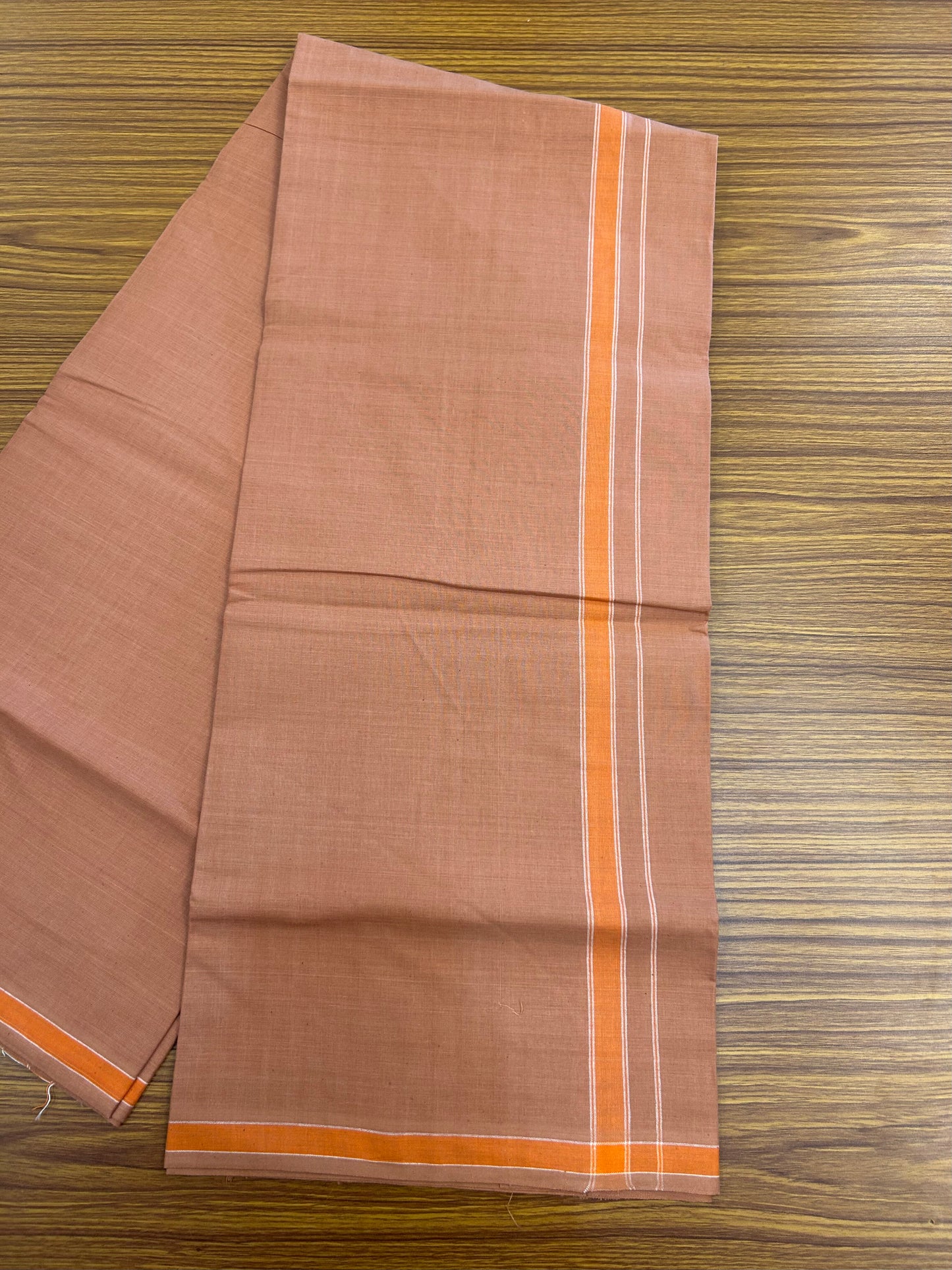 2.5 meter Special Premium Dyed Cotton Type Kavi Single Mundu Kaitharikada Special - Kaily / Lungi - 40s Warp x 40s Weft - 0.75 inch Orange Striped kara with Kavi Body (5.36 muzham) - 5 KK8049 MR